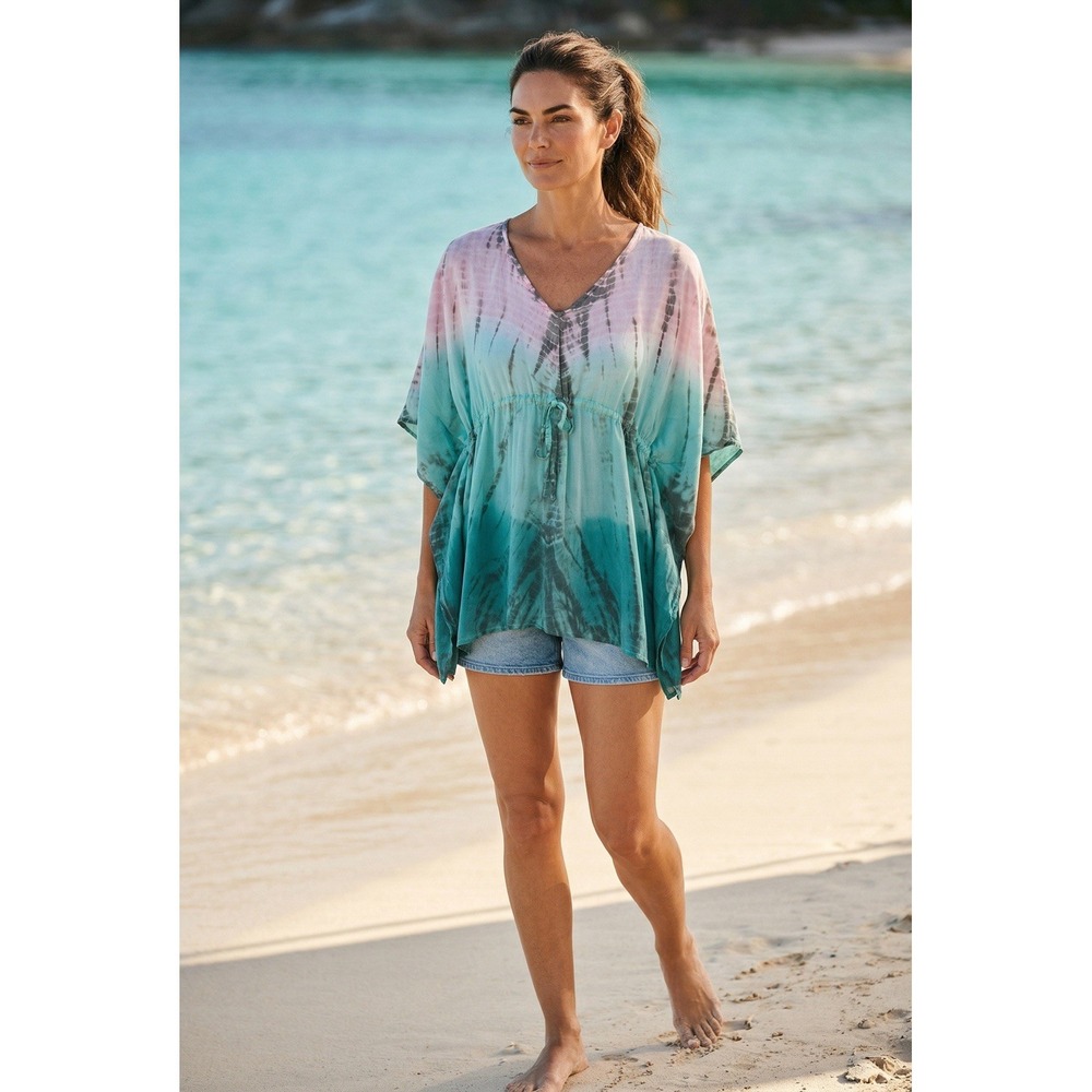 NaPua Collection Tie-Dye Dress One Size Rayon Swim Cover Up Drawstring Waist Boh